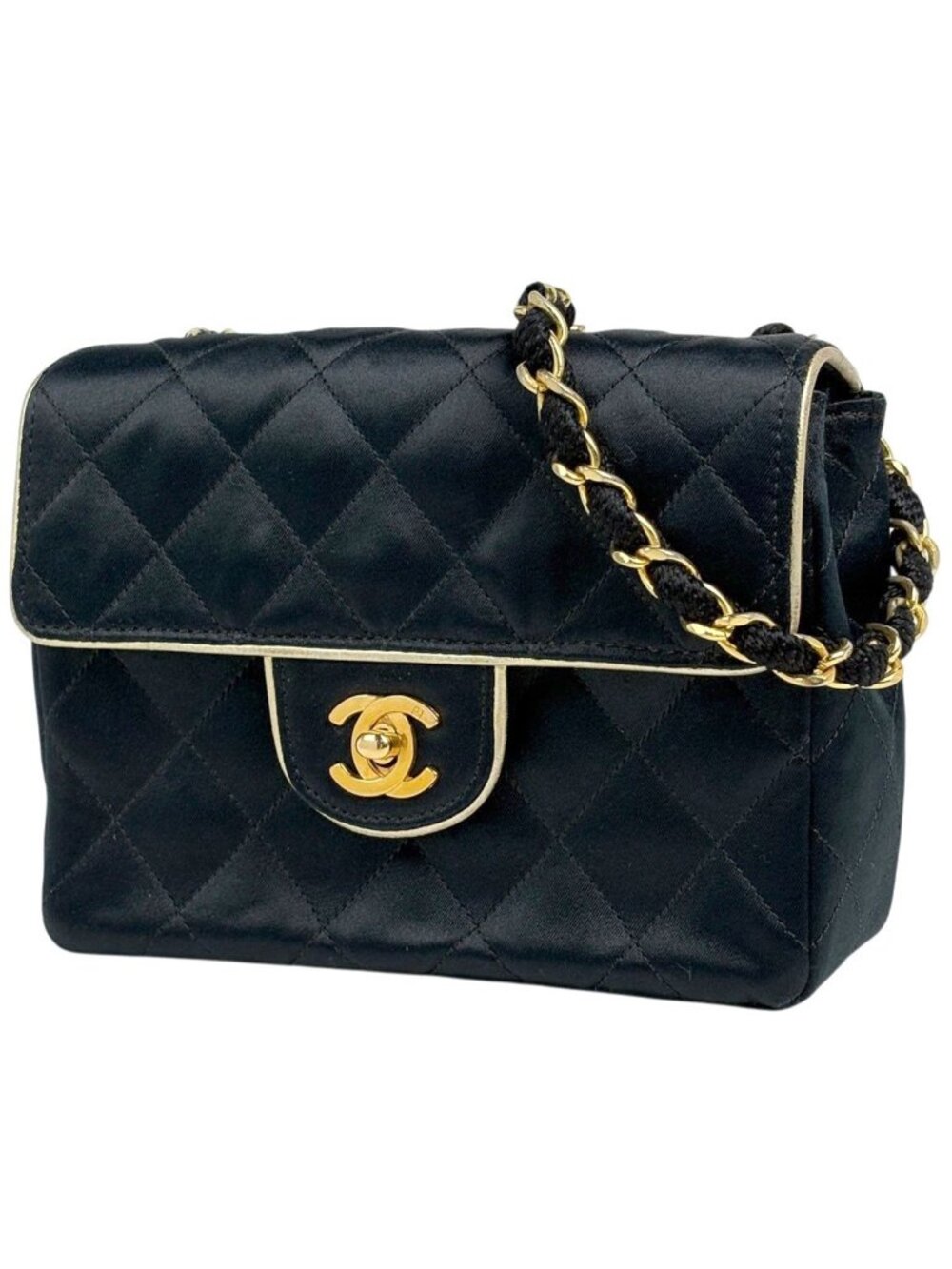 Chanel Mini Quilted Single Flap Chain Shoulder Bag CC Logo Satin Black